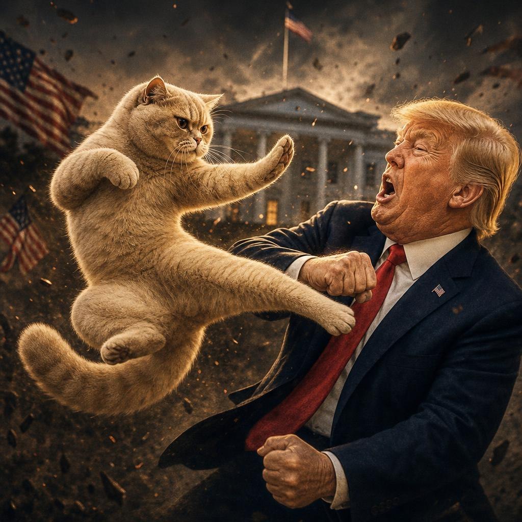 KAT kicking a suited man in front of a government building